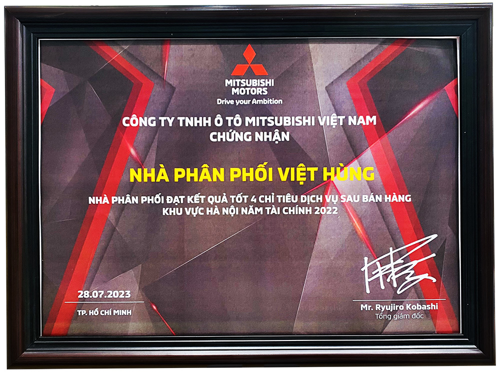 Mitsubishi Việt Hùng nhận giải thưởng NPP đạt kết quả tốt 4 KPI dịch vụ sau bán hàng năm tài chính 2022